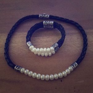 Honora Pearl & Black Leather Bracelet & Necklace